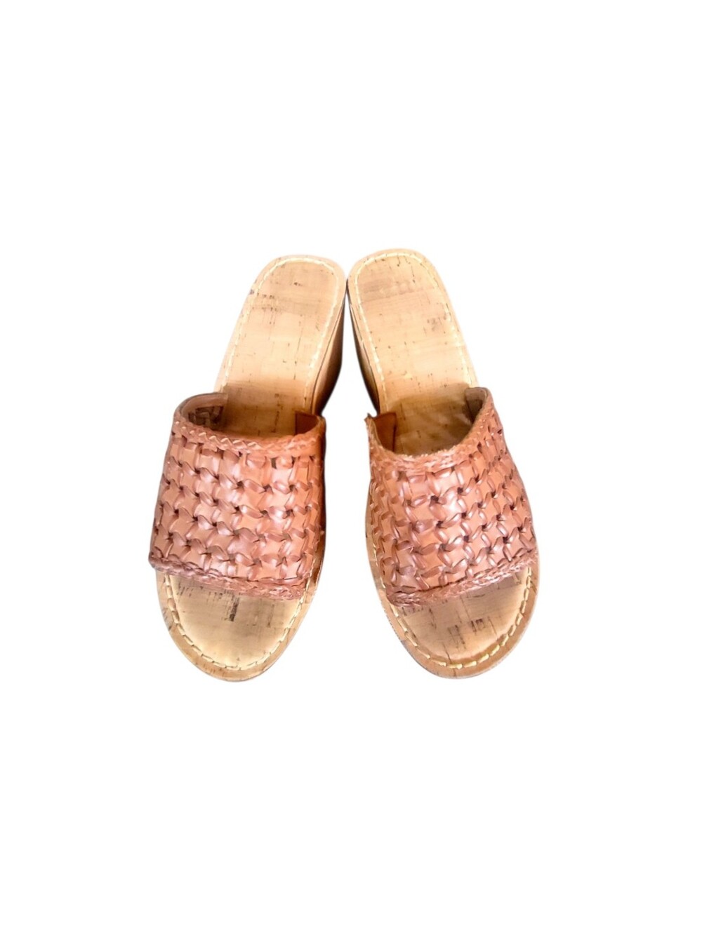 House Of Harlow 1960 Brown Woven Cork Wedge Slide Leather Sandals Sz 8